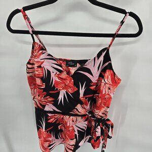 Milk and Honey Black Floral Pink Red V-Neck Front Tie Cami Blouse Medium